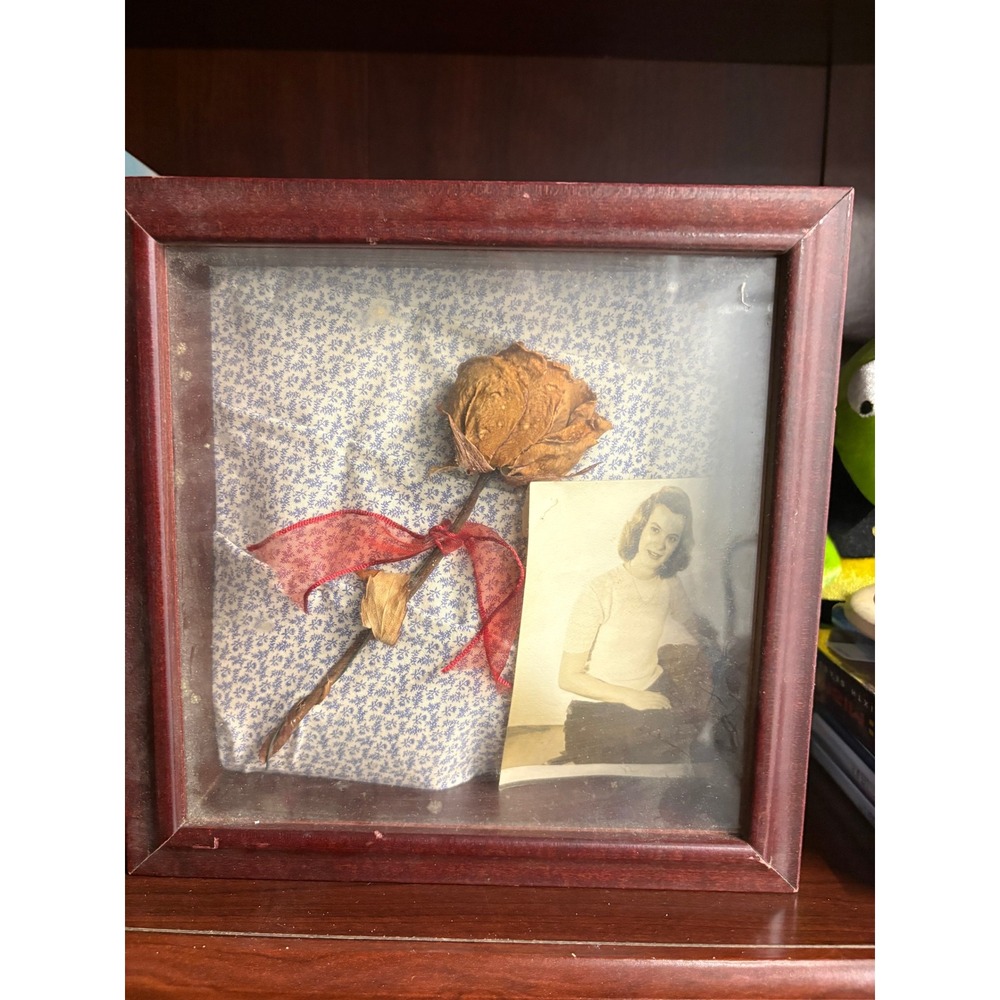Unbranded Shadow Box Memorial Frame Vintage Dried Rose Photo Cherry Wood